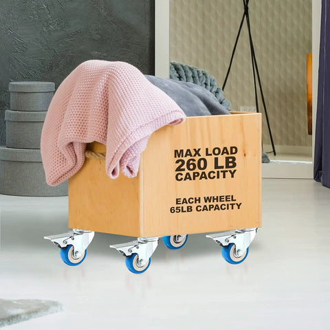 12 Pack 2 Inch Brake Caster Wheels With Swivel Plate Casters In Blue Polyurethane Locking Brakes on wooden box