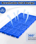 Close-up of a blue Interlocking 4 Pack Plastic Pallets with Buckle Lock System for Basement Storage, showing breathable grid design.