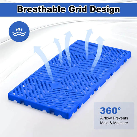 Close-up of a blue Interlocking 4 Pack Plastic Pallets with Buckle Lock System for Basement Storage, showing breathable grid design.