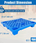Lightweight Plastic Pallet 23.6 In By 19.7 In By 3.9 In Waterproof Floor Pallet With Breathable Grid For Indoor Outdoor Use Built For Warehouses Garages Kitchens Basements 6 Pack 1100 Lb Load Capacity Blue