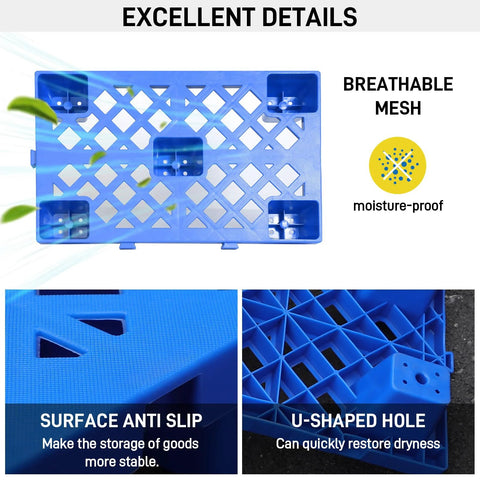 Nestable Plastic Pallets 6 Pack With Breathable Grid And Moisture Proof Design shown in detail highlighting grid and anti-slip surface.
