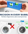 Hands using a blue bubble level on a washing machine with text 'Precision in Every Bubble' promoting perfect alignment.