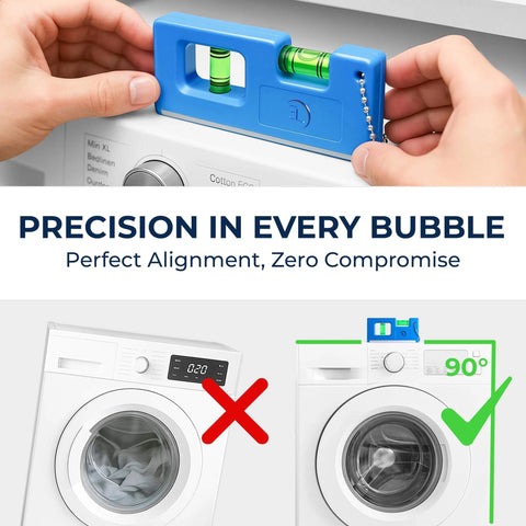 Hands using a blue bubble level on a washing machine with text 'Precision in Every Bubble' promoting perfect alignment.