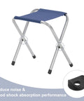 Foldable stool with blue fabric seat and silver legs, featuring noise-reducing and shock-absorbing foot caps.