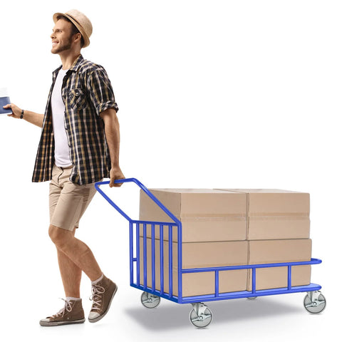 Person moving a cart loaded with boxes using 5 Inch Heavy Duty Industrial Cast Iron Swivel Casters Set Of 4, 2000 Lb Capacity