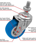 2 Inch Blue Caster Wheel With Three Eighths Inch To One Point Two Inch Threaded Stem Mount Polyurethane Non Marking Silent 360 Degree Swivel 65 Lb Capacity Per Wheel Pack Of 4 Ideal Replacement For Carts Trolleys And Equipment with labeled parts and features