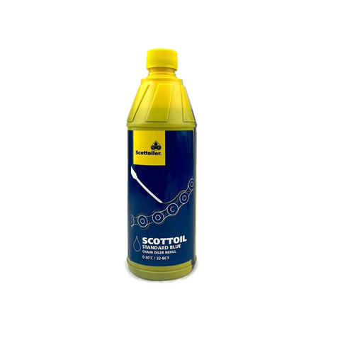 Yellow bottle of Scottoil Standard Blue chain lubricant, part of Essentials Micro VSystem Automatic Bike Chain Lubrication System With Scorpion Dual Injector Twin Feed Applicator And 16.9 Fl Oz Blue Refill Bundle For Longer Chain And Sprocket Life