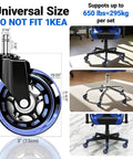 Heavy Duty Rubber Chair Casters Set Of 5 3 Inch Universal Fit 11 Mm By 22 Mm Wheels showcasing wheel close-up and installed on chairs