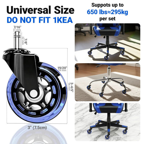 Heavy Duty Rubber Chair Casters Set Of 5 3 Inch Universal Fit 11 Mm By 22 Mm Wheels showcasing wheel close-up and installed on chairs