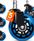 Office Chair Wheels Replacement Set Of Five 3 Inch Soft Non Marking Polyurethane Casters For All Floors Including Hardwood And Carpet Delivers Smooth Quiet Glide For Desk Chairs Blue, shown as a pack of five blue wheels.
