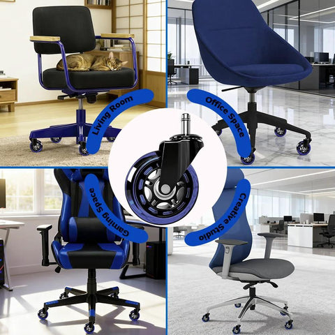 Heavy Duty Rubber Chair Casters Set Of 5 3 Inch Universal Fit 11 Mm By 22 Mm Wheels on various chairs in different settings