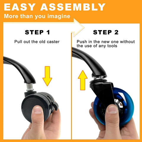 Installation steps for Office Chair Wheels Replacement Set Of Five 3 Inch Soft Non Marking Polyurethane Casters For All Floors Including Hardwood And Carpet Delivers Smooth Quiet Glide For Desk Chairs Blue