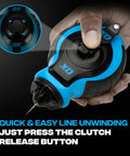 Close-up of chalk line reel with 6 to 1 gear rewind, highlighting clutch release button for quick line unwinding.