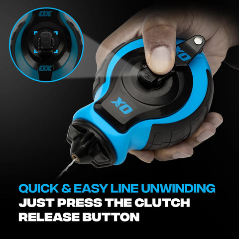 Close-up of chalk line reel with 6 to 1 gear rewind, highlighting clutch release button for quick line unwinding.