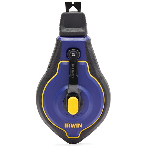 Front view of Speedline Pro Chalk Line Reel with 100 ft hi-tensile line, durable blue housing, for framing, drywall, and carpentry.
