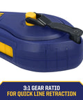 Close-up of a compact chalk reel with blue casing, featuring a 3:1 gear ratio for quick line retraction