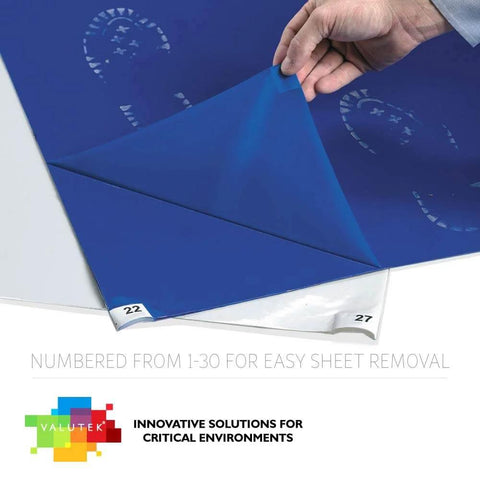 Cleanroom Sticky Mat For Dirt And Dust Capture In Hospitals And Labs, 24 By 36 Inches, Blue, Four Pads Of 30 Sheets, peelable layer shown