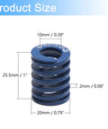Five Pack 3D Printer Bed Springs 20mm OD 10mm ID 25mm Length Compression Mould Die Springs Light Load Blue product size diagram