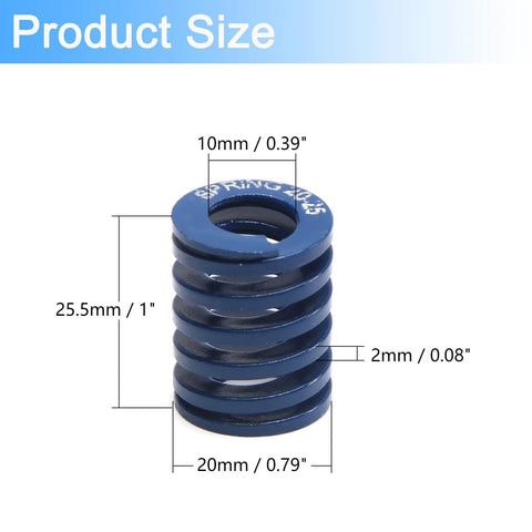 Five Pack 3D Printer Bed Springs 20mm OD 10mm ID 25mm Length Compression Mould Die Springs Light Load Blue product size diagram