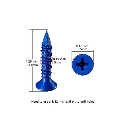 Wensilon WenSilon(30 PCS) 3/16''x1-1/4 Concrete Screw Anchor Blue Flat Head with measurements and drill bit size guide on white background