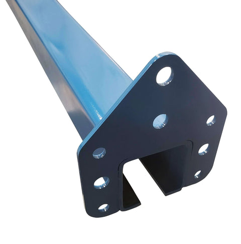 Blue Enclosed Conveyor Track With Pre Welded Yokes 6 Foot Trolley Rail close-up, showing mounting holes for light to medium duty use.