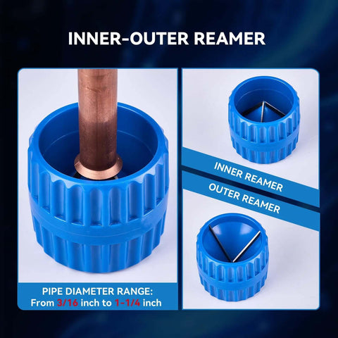 All In One Copper Pipe Cutter Kit For Tubing From Three Sixteenth To Two Inch With A Mini Cutter From One Eighth To One And One Eighth Inch Includes Deburring Tool Reamer Needle File Set Car Battery Cleaning Brush For Automotive HVAC Plumbing Wisscool showing blue reamer tool.