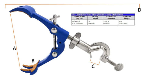 4 Prong Cork Lined Clamp on Swivel Bosshead for Laboratory Rigs, fits up to 18 mm rods, shown with measurements and blue finish