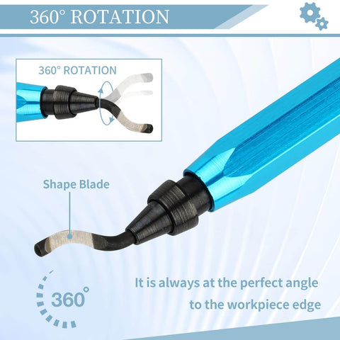 Close-up of Deburring Tool With 12 High Speed Steel Blades Blue Handle showing 360° rotation feature