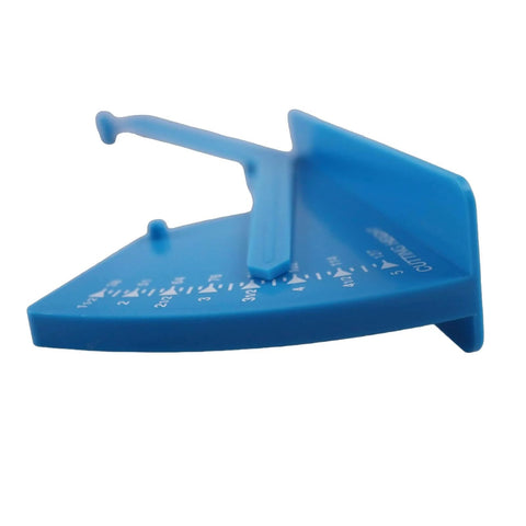 Side view of blue Deck Leveling Gauge for John Deere MTD Cub Cadet TroyBilt Stens and more with height markings visible.