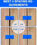 Blue Deck Spacer Set For Uniform Gaps Between Deck Boards With Four Thicknesses One Sixteenth Inch One Eighth Inch Three Sixteenths Inch And One Quarter Inch For Composite Or Pressure Treated Lumber Combatch, showing spacers in use for 1/4", 1/8", 3/16", and 1/16" gaps between boards.