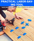 Blue Deck Spacer Set for Uniform Gaps Between Deck Boards With Four Thicknesses being used on wooden decking with a drill in view.