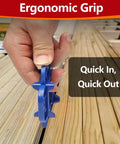 Hand using Six Pack 4 In 1 Deck Spacers Tool with four size options for five thirty second inch, three sixteenth inch, one quarter inch, and five sixteenth inch on wooden decking boards.