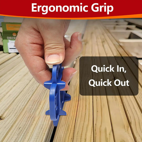 Hand using Six Pack 4 In 1 Deck Spacers Tool with four size options for five thirty second inch, three sixteenth inch, one quarter inch, and five sixteenth inch on wooden decking boards.