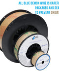 All Position MIG Wire ER70S6 0.030 Dia in Blue Demon spools for carbon steel, highlighting careful packaging to prevent oxidation.