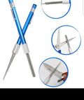 Compact blue handle glass repair file with carbide steel and diamond grit; retractable 5.42 inch design with close-up views.