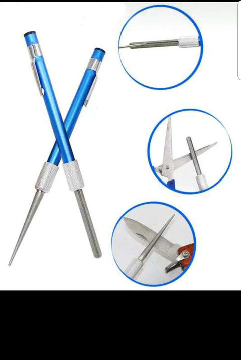 Compact blue handle glass repair file with carbide steel and diamond grit; retractable 5.42 inch design with close-up views.