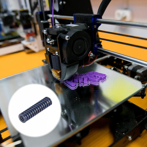 Close-up of a 3D printer using Die Springs Pack Of 20 For 3D Printer And Electric Parts 8mm Outer Diameter 30mm Long Blue Dope Light Load Spiral Mould Die Springs.