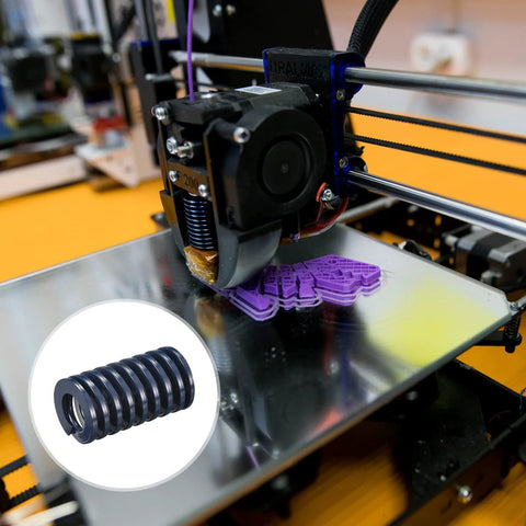 3D printer with inset image of Four Piece 25mm Outer Diameter 45mm Free Length Die Spring Set For 3D Printers Blue Light Load Steel.