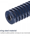 Close-up of blue die spring with rectangular section, durable rust-resistant spring steel for 3D printers, 8mm OD, 30mm long.