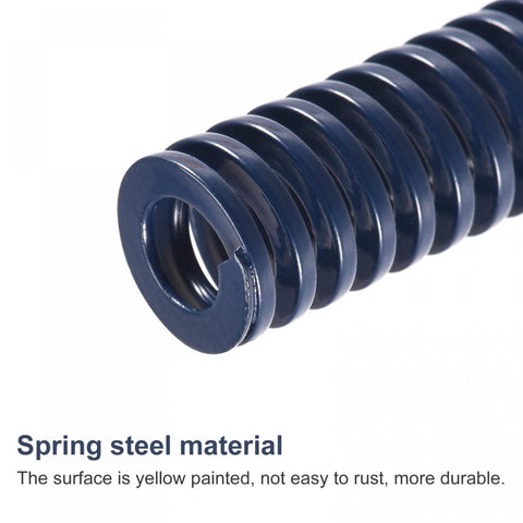Close-up of blue die spring with rectangular section, durable rust-resistant spring steel for 3D printers, 8mm OD, 30mm long.