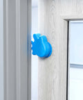 Blue Anti Slam Door Safety For Kids Two Pack Finger Trap Stoppers With Adhesive Pad attached to door handle