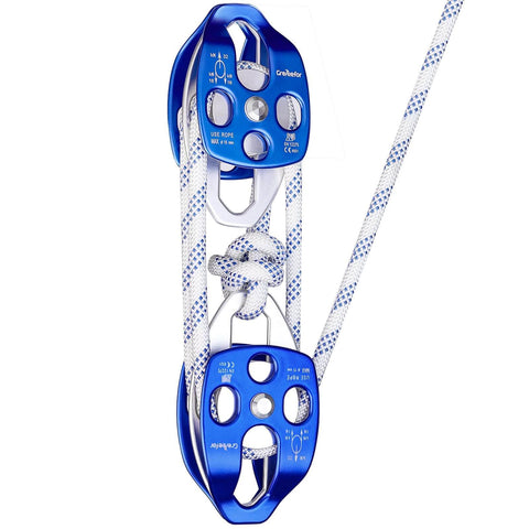 Heavy-Duty Double Block and Tackle Pulley System - 100Ft x 1/2'' Rope, 7700 LB(35KN) Breaking Strength, 4:1 Lifting Ratio