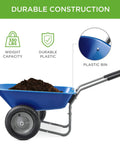 Dual Wheel Home Utility Yard Wheelbarrow Garden Cart with Built In Stand 5 Cubic Foot Capacity 330 lb Load Blue Side View