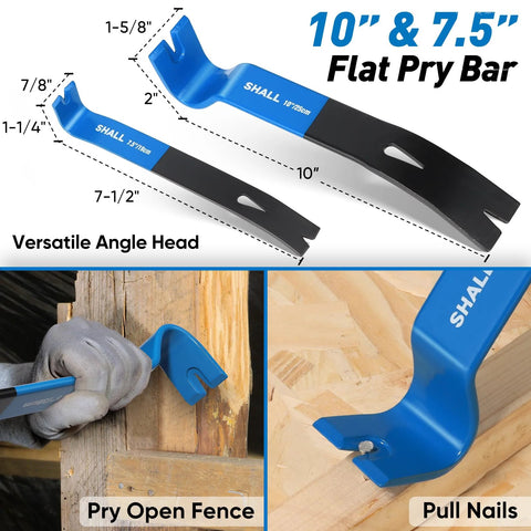 Versatile 4 Piece Pry Bar Set with a 12 inch cat's paw nail puller, 10 inch and 7.5 inch pry bars, and 8 inch end cutters in use