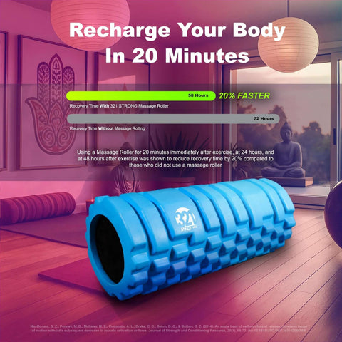 Medium Density Foam Roller For Deep Tissue Massage And Myofascial Trigger Point Release That Eases Back And Neck Pain With Patented Projections And Includes A 4K Guide eBook Orange shown in a yoga studio setting