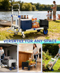 Collage showing ✝️ Upgraded 3 in 1 Aluminum Folding Hand Truck, 600 lbs Convertible Heavy Duty Dolly Cart in various uses at home and outdoors