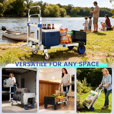 Collage showing ✝️ Upgraded 3 in 1 Aluminum Folding Hand Truck, 600 lbs Convertible Heavy Duty Dolly Cart in various uses at home and outdoors