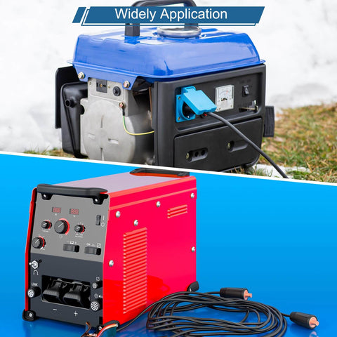 Generador azul con cableado y máquina roja de soldadura mostrando aplicación versátil en exterior.