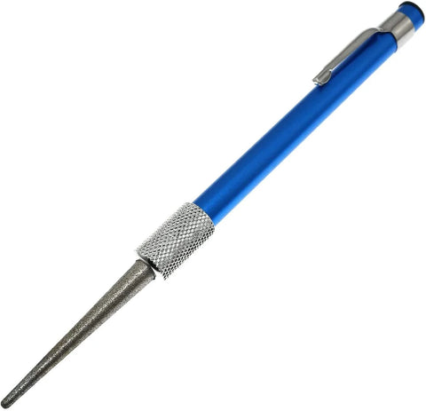 Compact blue handle glass repair file with carbide steel and diamond grit; retractable 5.42 inch design shown in full view