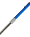 Compact blue handle glass repair file with carbide steel and diamond grit; retractable 5.42 inch design for precise smoothing.
